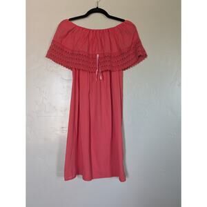 Coral Off-Shoulder‎ Boho Midi Dress Mexico One Size Stretchy Pink Cotton Resort